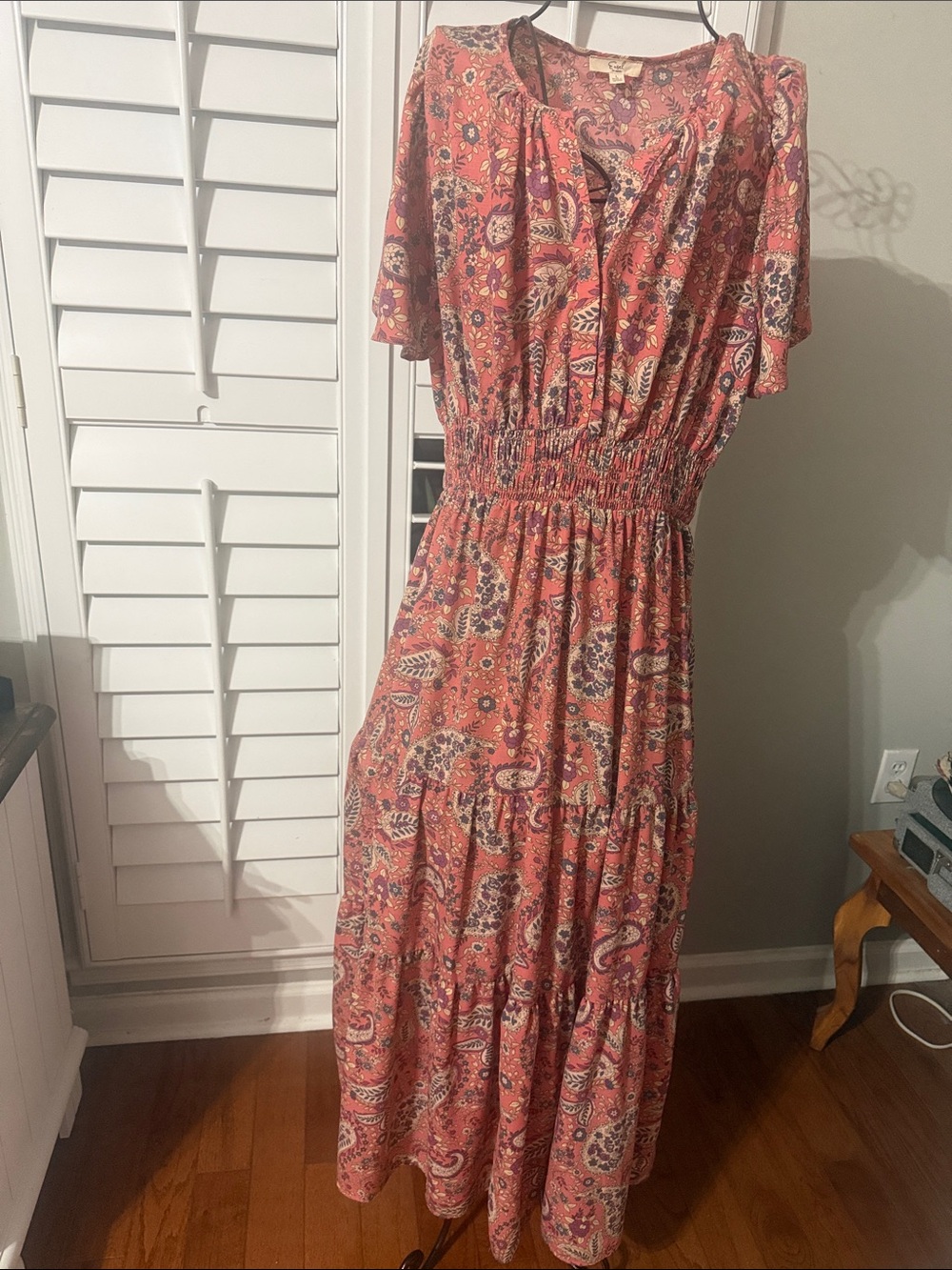 easel Coral Pink Paisley Maxi Dress with Smocked Waist